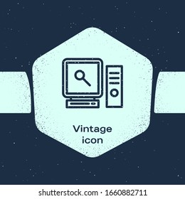 Grunge line Search on computer screen icon isolated on blue background. Screen and magnifying glass. Monochrome vintage drawing. Vector Illustration