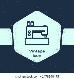 Grunge line Sewing machine icon isolated on blue background. Monochrome vintage drawing. Vector Illustration
