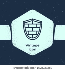 Grunge line Shield with cyber security brick wall icon isolated on blue background. Data protection symbol. Firewall logo. Network protection. Monochrome vintage drawing. Vector Illustration