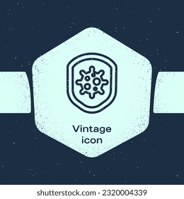 Escudo de la línea de Grunge que protege del virus, gérmenes y bacterias icono aislado en el fondo azul. Concepto de sistema inmune. Virus Corona 2019-nCoV. Dibujo vintage monocromo. Vector
