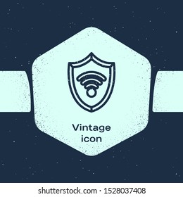 Grunge line Shield with WiFi wireless internet network symbol icon isolated on blue background. Protection safety concept. Monochrome vintage drawing. Vector Illustration