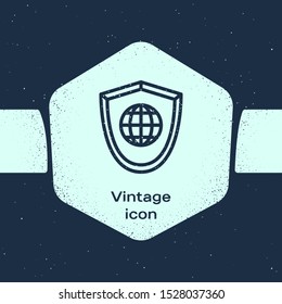 Grunge line Shield with world globe icon isolated on blue background. Security, safety, protection, privacy concept. Monochrome vintage drawing. Vector Illustration