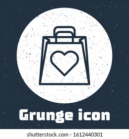 Grunge line Shopping bag with heart icon isolated on grey background. Shopping bag shop love like heart icon. Valentines day symbol. Monochrome vintage drawing. Vector Illustration