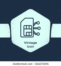 Grunge line Sim card icon isolated on blue background. Mobile cellular phone sim card chip. Mobile telecommunications technology symbol. Monochrome vintage drawing. Vector Illustration