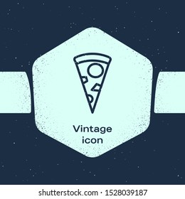 Grunge line Slice of pizza icon isolated on blue background. Monochrome vintage drawing. Vector Illustration