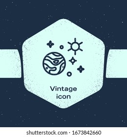 Grunge line Space and planet icon isolated on blue background. Planets surface with craters, stars and comets. Monochrome vintage drawing. Vector Illustration