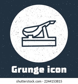 Grunge line Spanish jamon on the wooden jamonera icon isolated on grey background. Monochrome vintage drawing. Vector