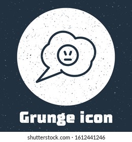 Grunge line Speech bubble with angry smile icon isolated on grey background. Emoticon face. Monochrome vintage drawing. Vector Illustration