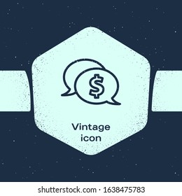 Grunge line Speech bubble with dollar icon isolated on blue background. Badge for price. Sale with dollar symbol. Promo tag discount. Monochrome vintage drawing. Vector Illustration