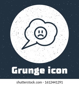 Grunge line Speech bubble with sad smile icon isolated on grey background. Emoticon face. Monochrome vintage drawing. Vector Illustration