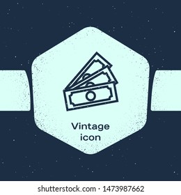 Grunge line Stacks paper money cash icon isolated on blue background. Money banknotes stacks. Bill currency.  Monochrome vintage drawing. Vector Illustration