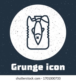 Grunge line Stop ocean plastic pollution icon isolated on grey background. Environment protection concept. Fish say no to plastic. Monochrome vintage drawing. Vector Illustration