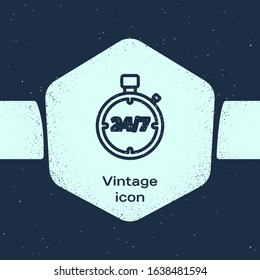 Grunge line Stopwatch 24 hours icon isolated on blue background. All day cyclic icon. 24 hours service symbol. Monochrome vintage drawing. Vector Illustration