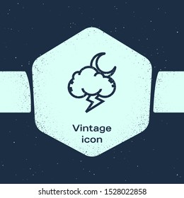 Grunge line Storm icon isolated on blue background. Cloud with lightning and moon sign. Weather icon of storm. Monochrome vintage drawing. Vector Illustration