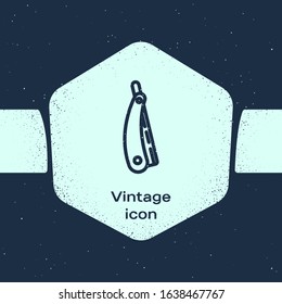 Grunge line Straight razor icon isolated on blue background. Barbershop symbol. Monochrome vintage drawing. Vector Illustration