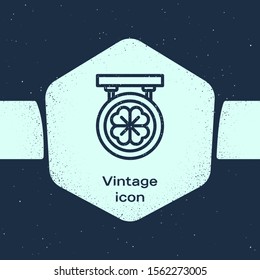 Grunge line Street signboard with four leaf clover icon isolated on blue background. Suitable for advertisements bar, cafe, pub. Monochrome vintage drawing. Vector Illustration