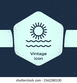 Grunge line Sun and waves icon isolated on blue background. Monochrome vintage drawing. Vector Illustration