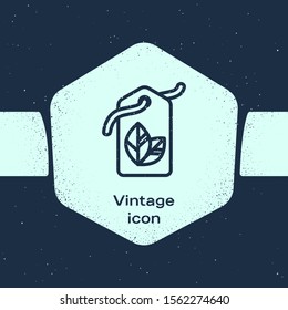 Grunge line Tag with leaf symbol icon isolated on blue background. Banner, label, tag, logo, sticker for eco green. Monochrome vintage drawing. Vector Illustration