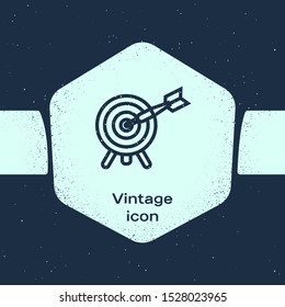 Grunge line Target with arrow icon isolated on blue background. Dart board sign. Archery board icon. Dartboard sign. Business goal concept. Monochrome vintage drawing. Vector Illustration