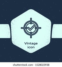 Grunge line Target and check mark icon isolated on blue background. Dart board sign. Archery board icon. Dartboard sign. Business goal concept. Monochrome vintage drawing. Vector Illustration