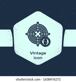 Grunge line Target with dollar symbol icon isolated on blue background. Investment target icon. Successful business concept. Cash or Money. Monochrome vintage drawing. Vector Illustration