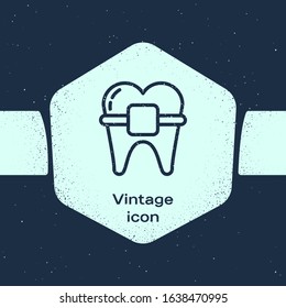 Grunge line Teeth with braces icon isolated on blue background. Alignment of bite of teeth, dental row with with braces. Dental concept. Monochrome vintage drawing. Vector Illustration