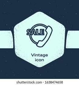 Grunge line Telephone 24 hours support icon isolated on blue background. All-day customer support call-center. Full time call services. Monochrome vintage drawing. Vector Illustration