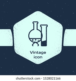Grunge line Test tube and flask - chemical laboratory test icon isolated on blue background. Laboratory glassware sign. Monochrome vintage drawing. Vector Illustration