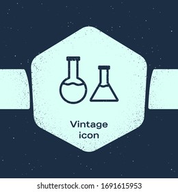 Grunge line Test tube and flask icon isolated on blue background. Chemical laboratory test. Laboratory glassware. Monochrome vintage drawing. Vector Illustration
