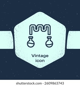 Grunge line Test tube and flask - chemical laboratory test icon isolated on blue background. Fluid transfer system. Laboratory glassware sign. Monochrome vintage drawing. Vector