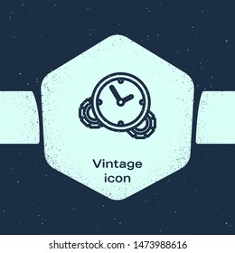 Grunge line Time Management icon isolated on blue background. Clock and gear sign. Productivity symbol. Monochrome vintage drawing. Vector Illustration