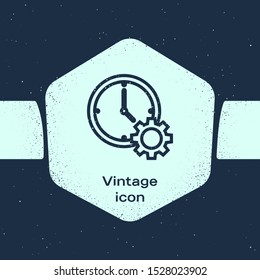Grunge line Time Management icon isolated on blue background. Clock and gear sign. Productivity symbol. Monochrome vintage drawing. Vector Illustration