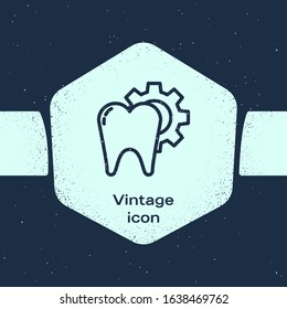 Grunge line Tooth treatment procedure icon isolated on blue background. Tooth repair with gear. Monochrome vintage drawing. Vector Illustration