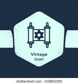 Grunge line Torah scroll icon isolated on blue background. Jewish Torah in expanded form. Star of David symbol. Old parchment scroll. Monochrome vintage drawing. Vector Illustration