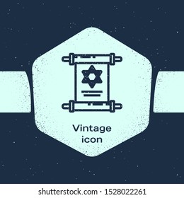 Grunge line Torah scroll icon isolated on blue background. Jewish Torah in expanded form. Star of David symbol. Old parchment scroll. Monochrome vintage drawing. Vector Illustration