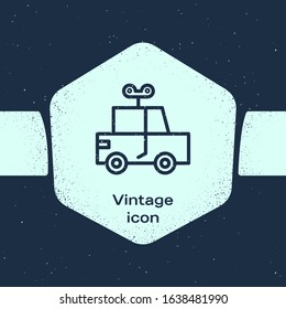 Grunge line Toy car icon isolated on blue background. Monochrome vintage drawing. Vector Illustration