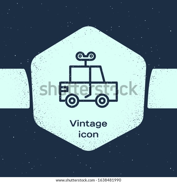 Grunge line Toy car icon\
isolated on blue background. Monochrome vintage drawing. Vector\
Illustration