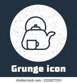 Grunge line Traditional tea ceremony icon isolated on grey background. Teapot with cup. Monochrome vintage drawing. Vector