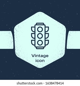 Grunge line Traffic light icon isolated on blue background. Monochrome vintage drawing. Vector Illustration