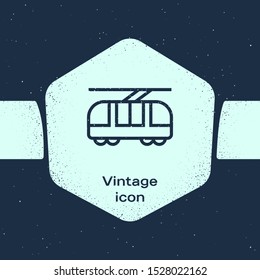 Grunge line Tram and railway icon isolated on blue background. Public transportation symbol. Monochrome vintage drawing. Vector Illustration