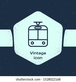 Grunge line Tram and railway icon isolated on blue background. Public transportation symbol. Monochrome vintage drawing. Vector Illustration