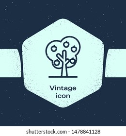 Grunge line Tree with apple icon isolated on blue background. Agricultural plant. Organic farm product. Gardening theme. Monochrome vintage drawing. Vector Illustration