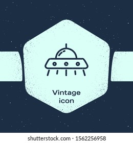 Grunge line UFO flying spaceship icon isolated on blue background. Flying saucer. Alien space ship. Futuristic unknown flying object. Monochrome vintage drawing. Vector Illustration