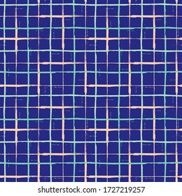 Grunge line vector seamless grid pattern background. Organic painterly ink brush stroke style criss cross backdrop. Irregular overlapping wicker style design. Pink blue weave effect all over print