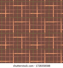 Grunge Line Vector Seamless Grid Pattern Background. Organic Painterly Ink Brush Stroke Style Criss Cross Backdrop. Irregular Overlapping Plaid Style Design. Brown Tone Weave Effect All Over Print