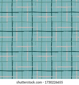 Grunge line vector seamless grid pattern background. Organic painterly ink brush stroke style criss cross backdrop. Irregular overlapping plaid style design. Blue black weave effect all over print
