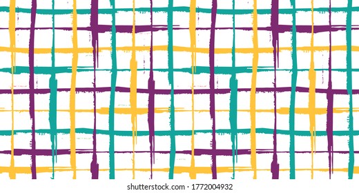 Borde de rejilla sin soldadura del vector de línea de grueso. Estilo de pincel dibujado a mano estilo cruz lineal cruz morado, turquesa, banner amarillo blanco. Resumen de diseño de malla geométrica irregular. Efecto de tejido elegante