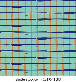 farbige Linie, Vektorgrafik, nahtloser Gittermuster-Hintergrund. Organischer, malerischer Pinselstrich mit Pinselstrich. Risse Cross-Burlap-Effekt geometrischen Design. Neon-Orange-Blue-Indiz auf dem gesamten Druck
