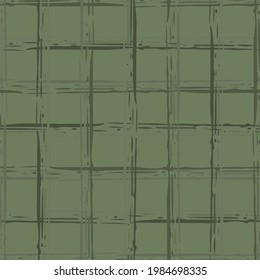 Grunge line vector seamless grid pattern background. Organic irregular lines.Painterly ink brush stroke rectangle weave backdrop. Monochrome sage green criss cross graph paper style geometric design 