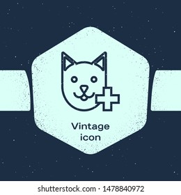 Grunge line Veterinary clinic symbol icon isolated on blue background. Cross with cat veterinary care. Pet First Aid sign. Monochrome vintage drawing. Vector Illustration